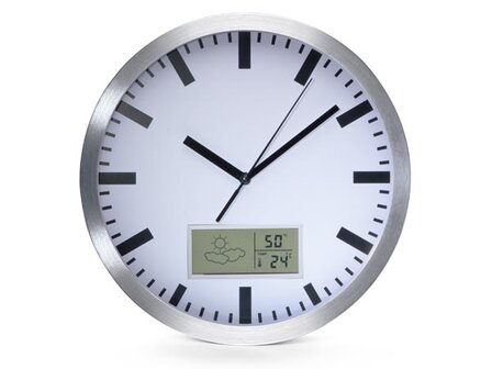 ALUMINIUM-WANDKLOK-MET-LCD-DISPLAY-EN-THERMOMETER,-HYGROMETER-&amp;-WEERSVOORSPELLING---&Oslash;-25-cm-(WC100)