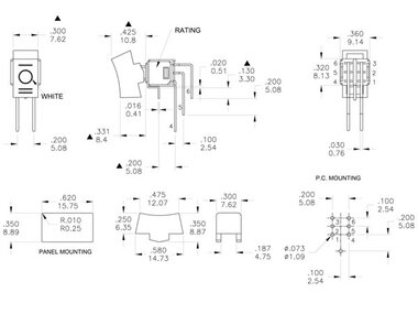 HAAKSE VERTICALE ROCKERSCHAKELAAR VOOR PCB DPDT (ON)-OFF-(ON) (8018LAN)