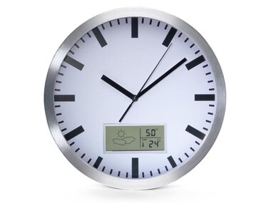 ALUMINIUM WANDKLOK MET LCD-DISPLAY EN THERMOMETER, HYGROMETER & WEERSVOORSPELLING - Ø 25 cm (WC100)